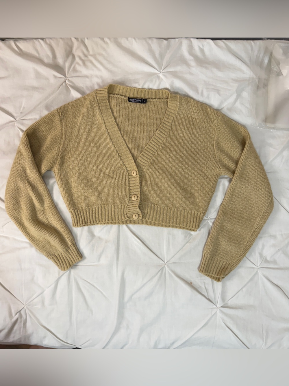 Nasty Gal Cropped Beige Button-Front Ribbed Cardigan